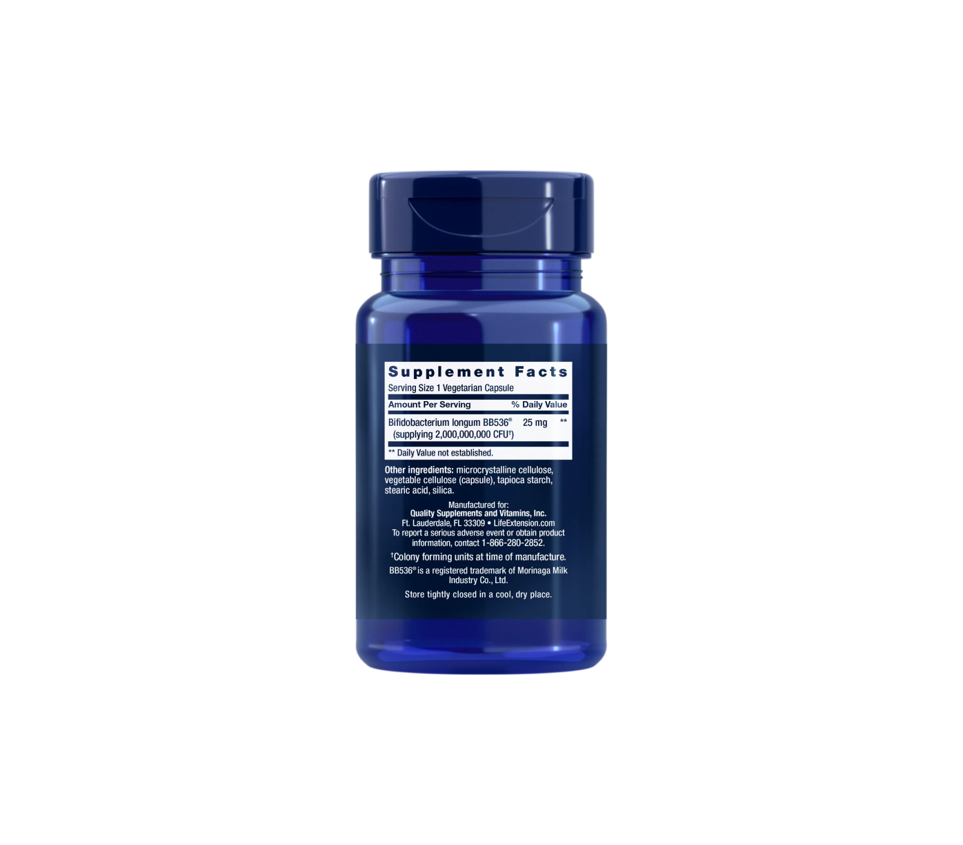 Life Extension Bifido GI Balance, 60 vegetarian, probiotic BB536® to support digestion & immune health, supplement facts